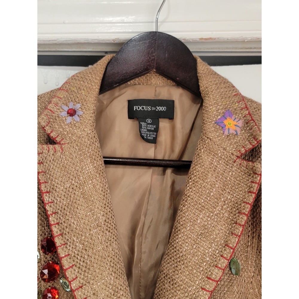 VTG Y2K Tweed Blazer Focus 2000 Womens Sz Embroidered Gems Boho Western Fall - Picture 4 of 11